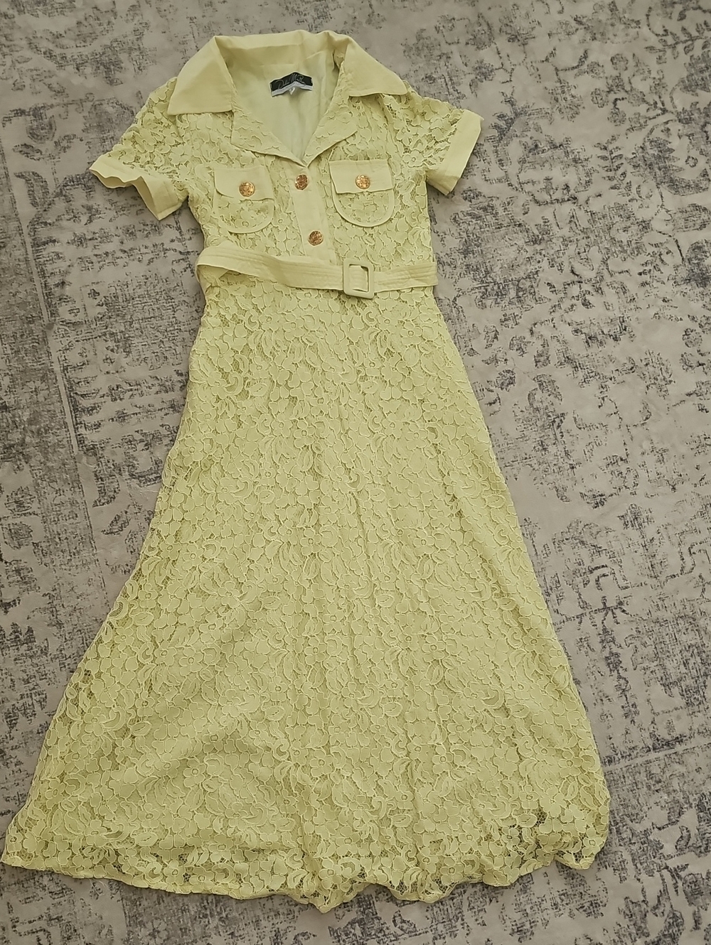 DALIA MACPHEE Lace A-Line Midi Dress with Belt in Pale Yellow